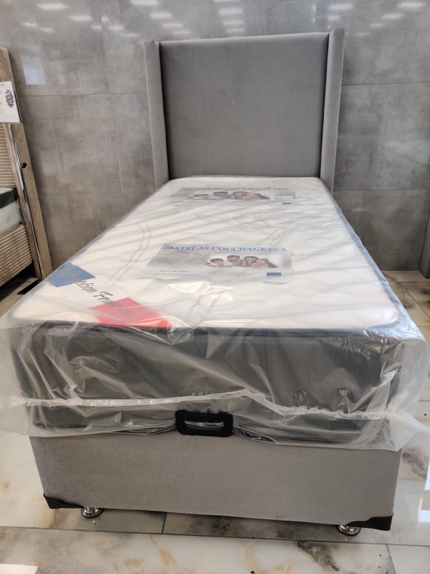 Lit Coffre Coco Box – Velours Gris 90x190 cm