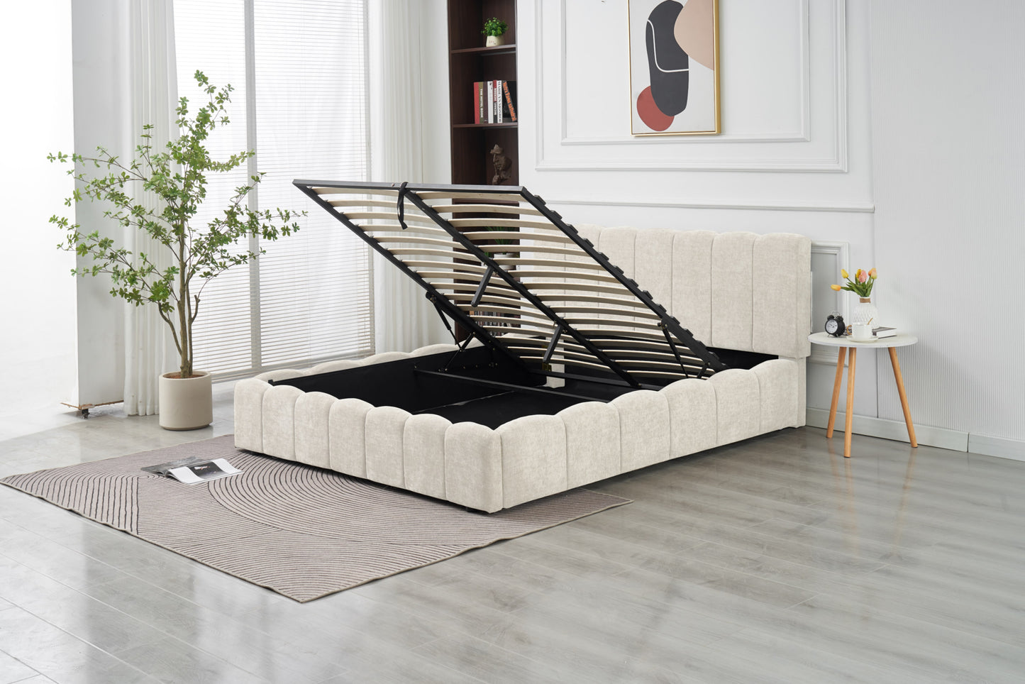 Lit Double Coffre Moon – Tissu Chenille Beige 140x190 cm