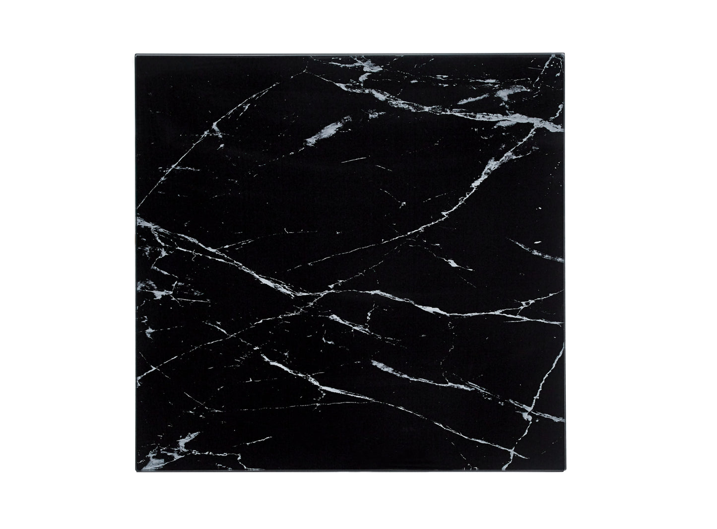 Table Basse Alina – Pieds Chrome & Plateau Verre Effet Marbre Noir 80x80x45 cm
