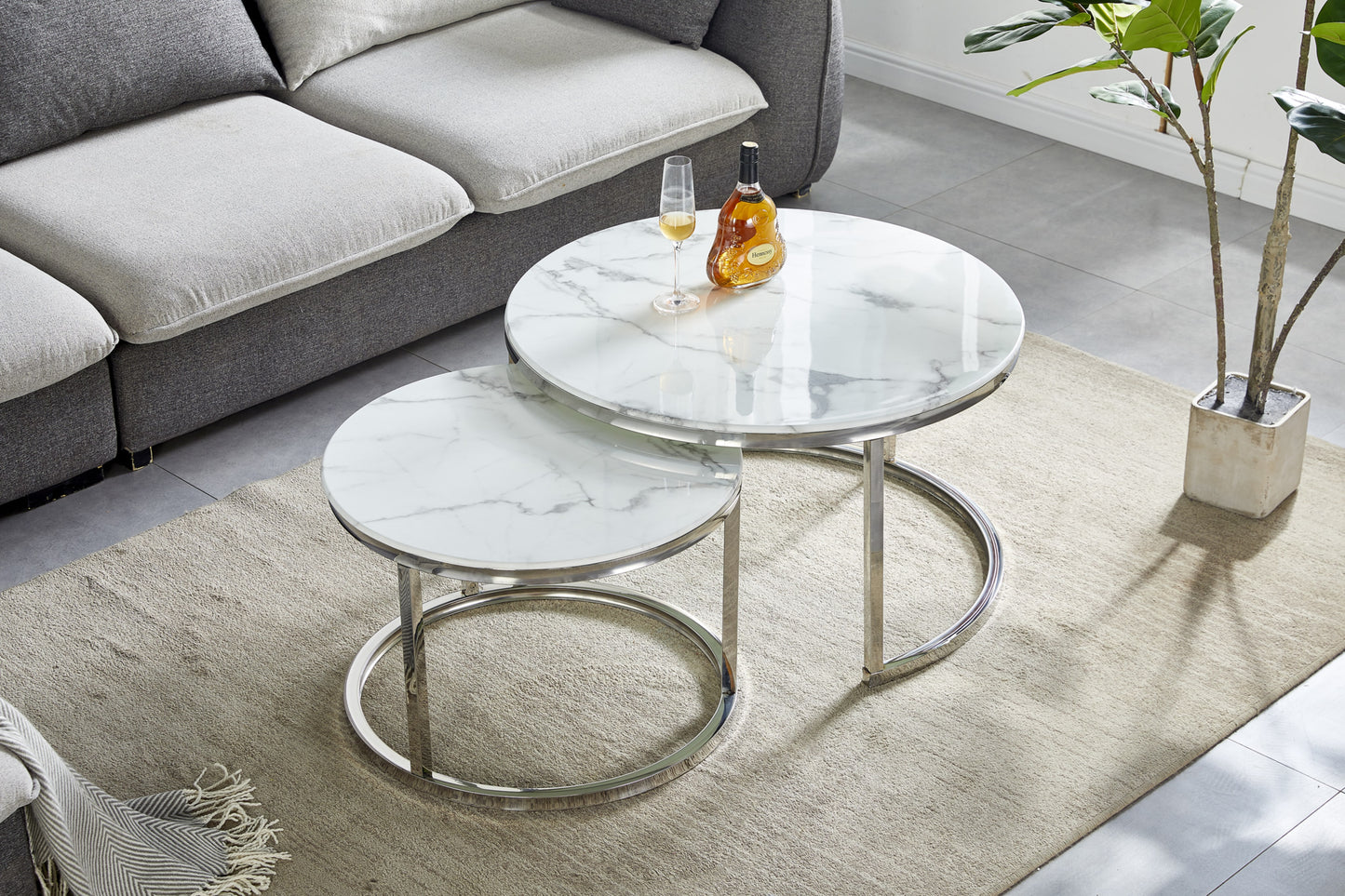 Tables Basses Gigognes – Pieds Chrome & Plateaux Marbre Blanc 80x45 cm