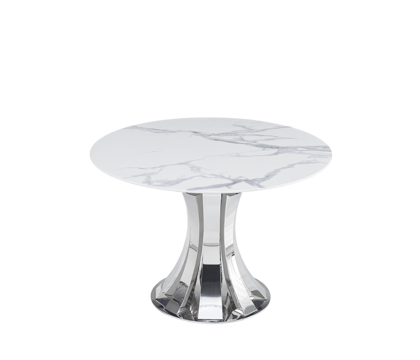 Table à manger ronde Judith – Pieds chrome et plateau céramique effet marbre blanc Ø120 cm