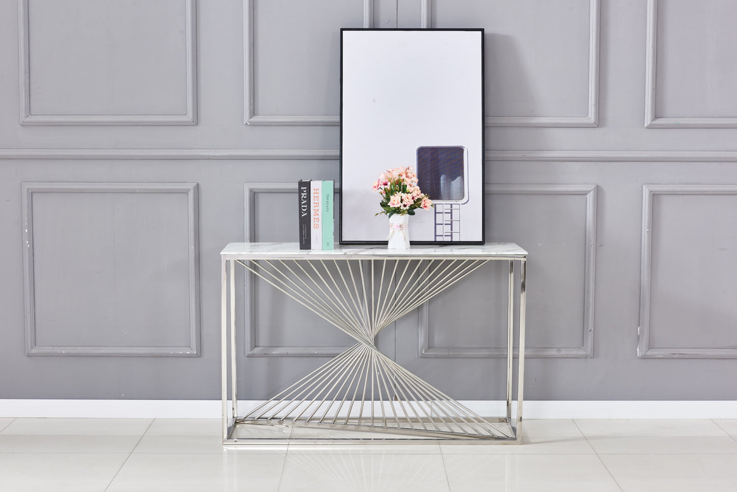 Console Brittany en Chrome avec Plateau Marbre Blanc – 120x40x78 cm