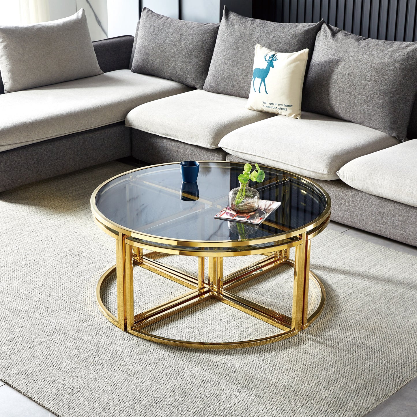 Table Basse Elve – Métal Gold & Plateau Fumé 90x45 cm
