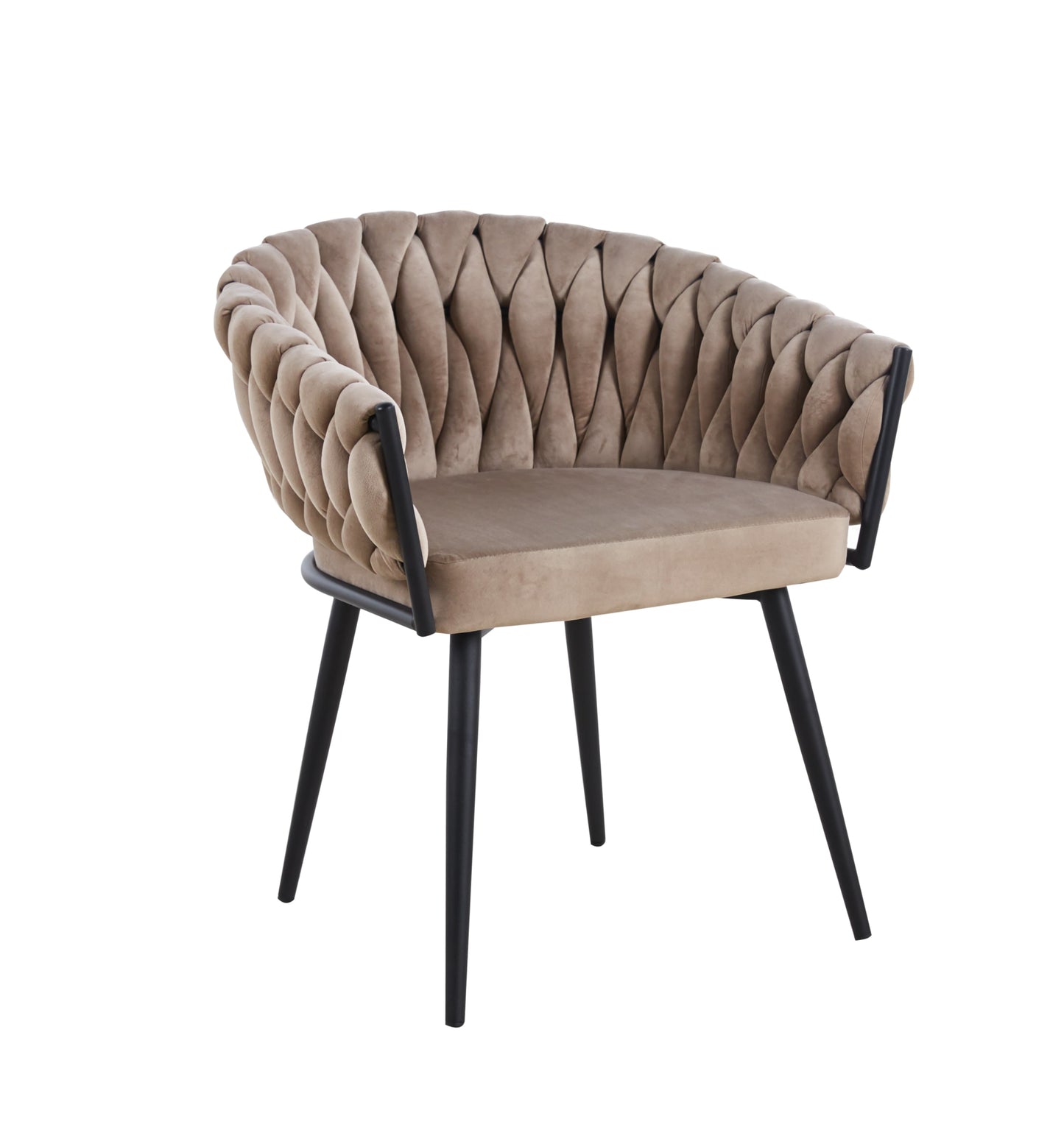 Chaise Tressée avec Accoudoirs en Velours Taupe et Pieds Métal Noir – Confort et Style