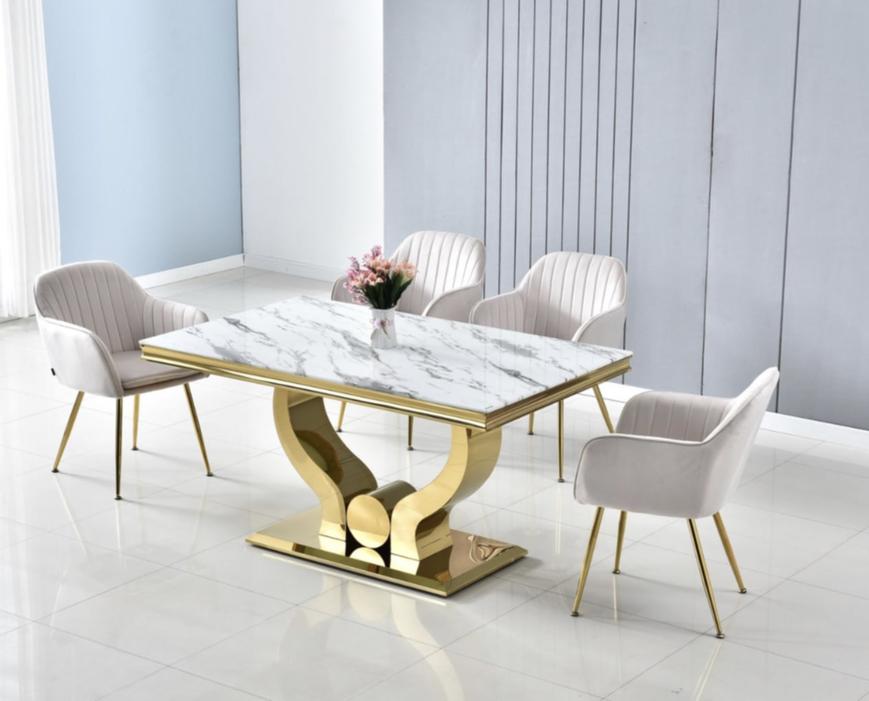 Table à manger Trofy – Pieds gold et plateau effet marbre blanc 150x90x75 cm