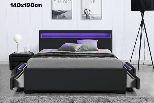 Lit LED en Similicuir Noir avec Tiroirs – 140x190 cm
