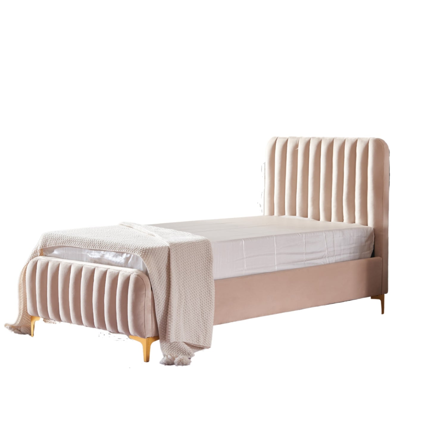 Lit Faye Capitonné en Velours Beige – 90x190 cm – Confort et Élégance