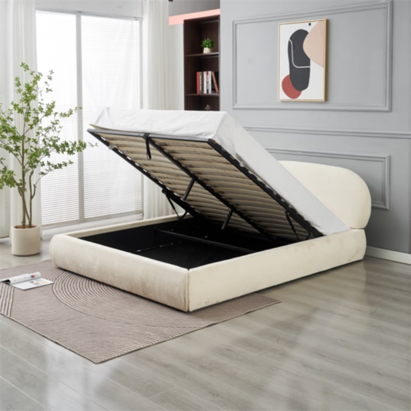 Lit Double Coffre Babylone – Tissu Chenille Beige 140x190 cm