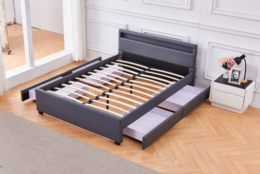 Lit LED en Similicuir Gris avec Tiroirs – 160x200 cm