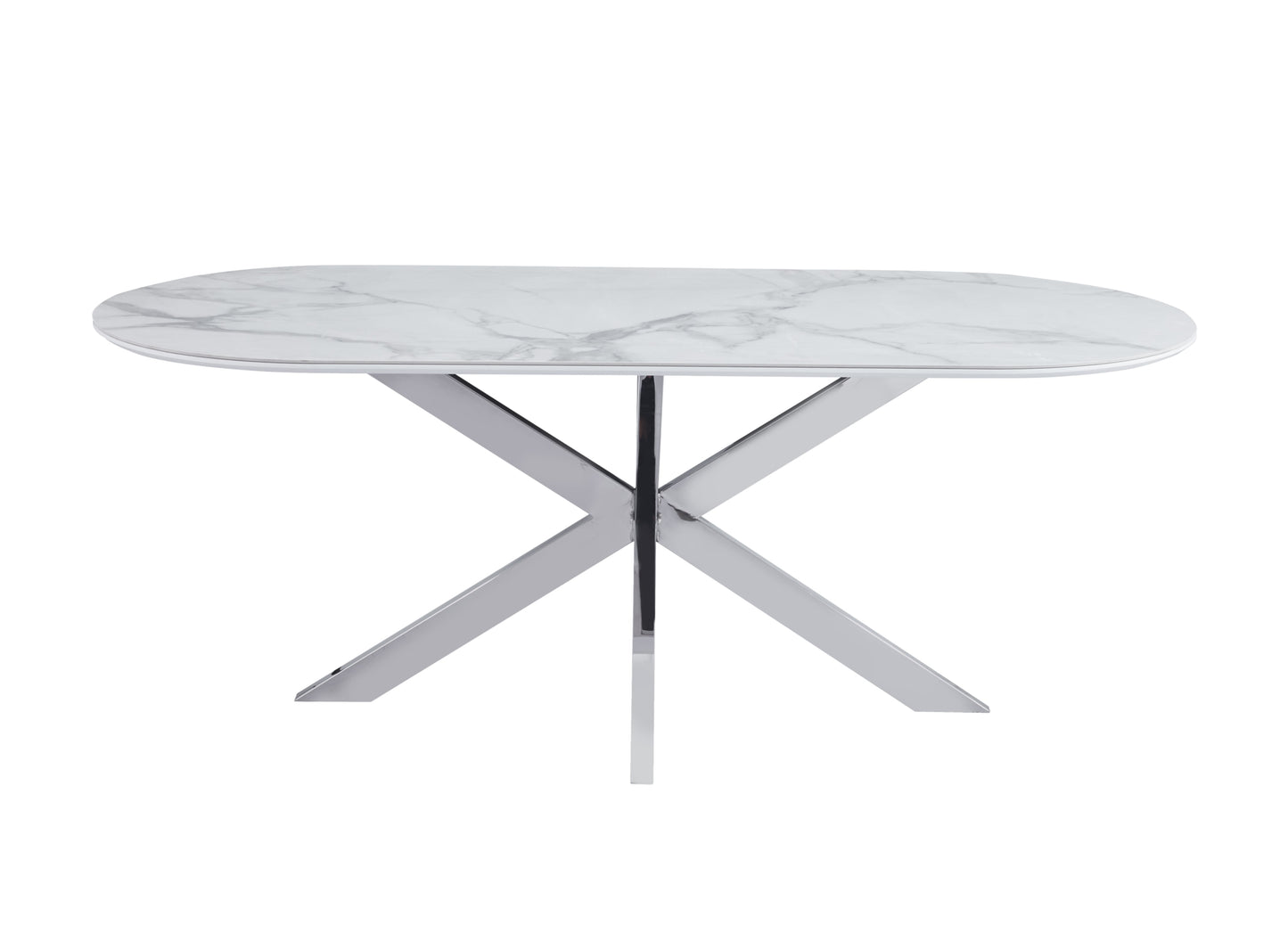 Table de repas Manon – Pieds chrome et plateau céramique effet marbre blanc 200x100 cm