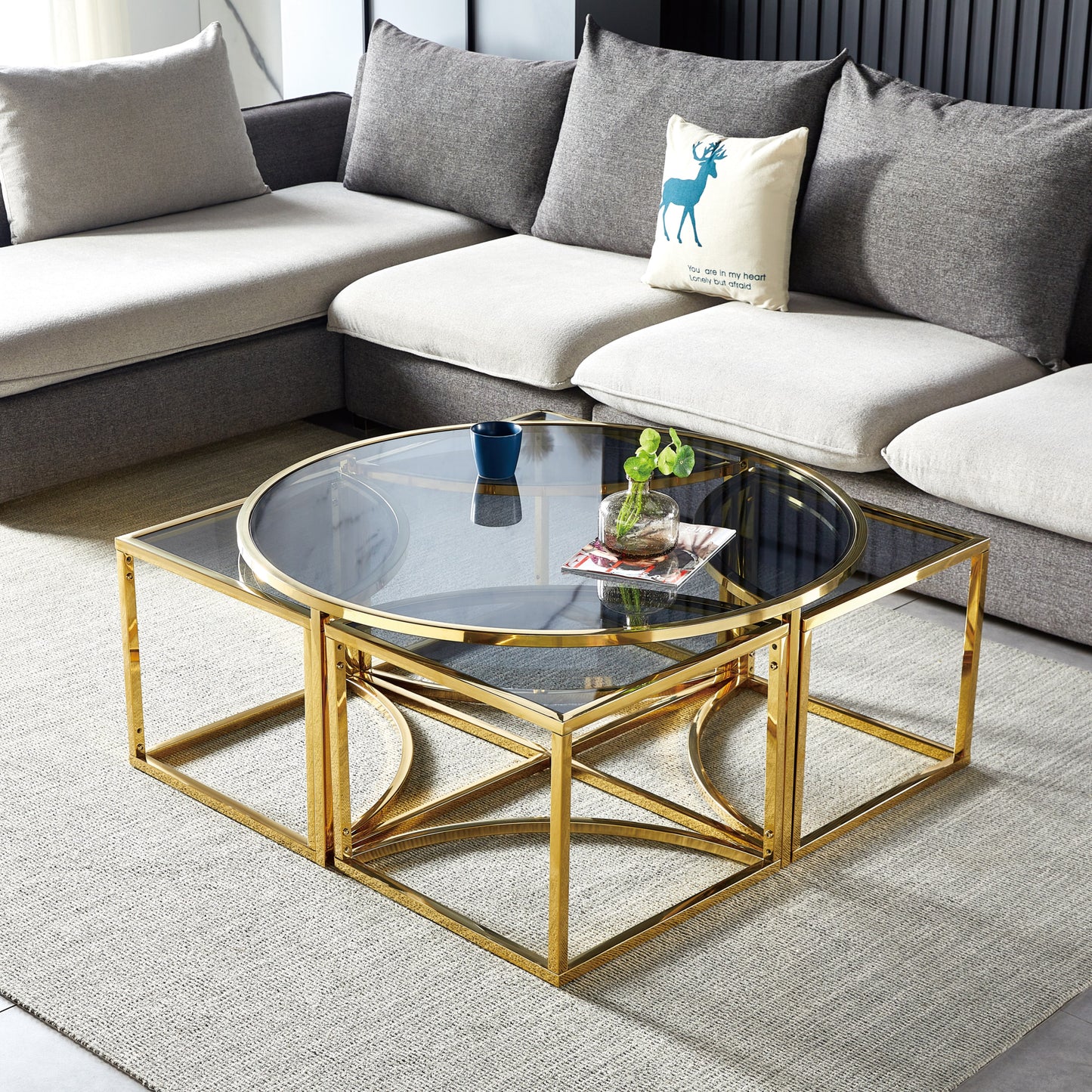 Table Basse Elve – Métal Gold & Plateau Fumé 90x45 cm
