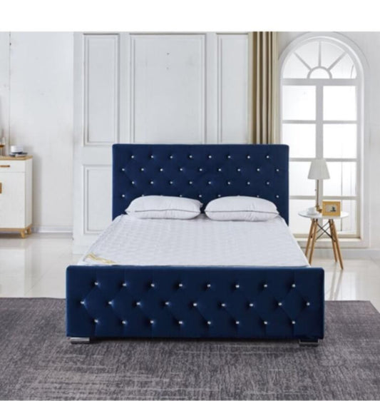 Lit Prestige Capitonné avec Diamants en Velours Bleu 140x190 cm