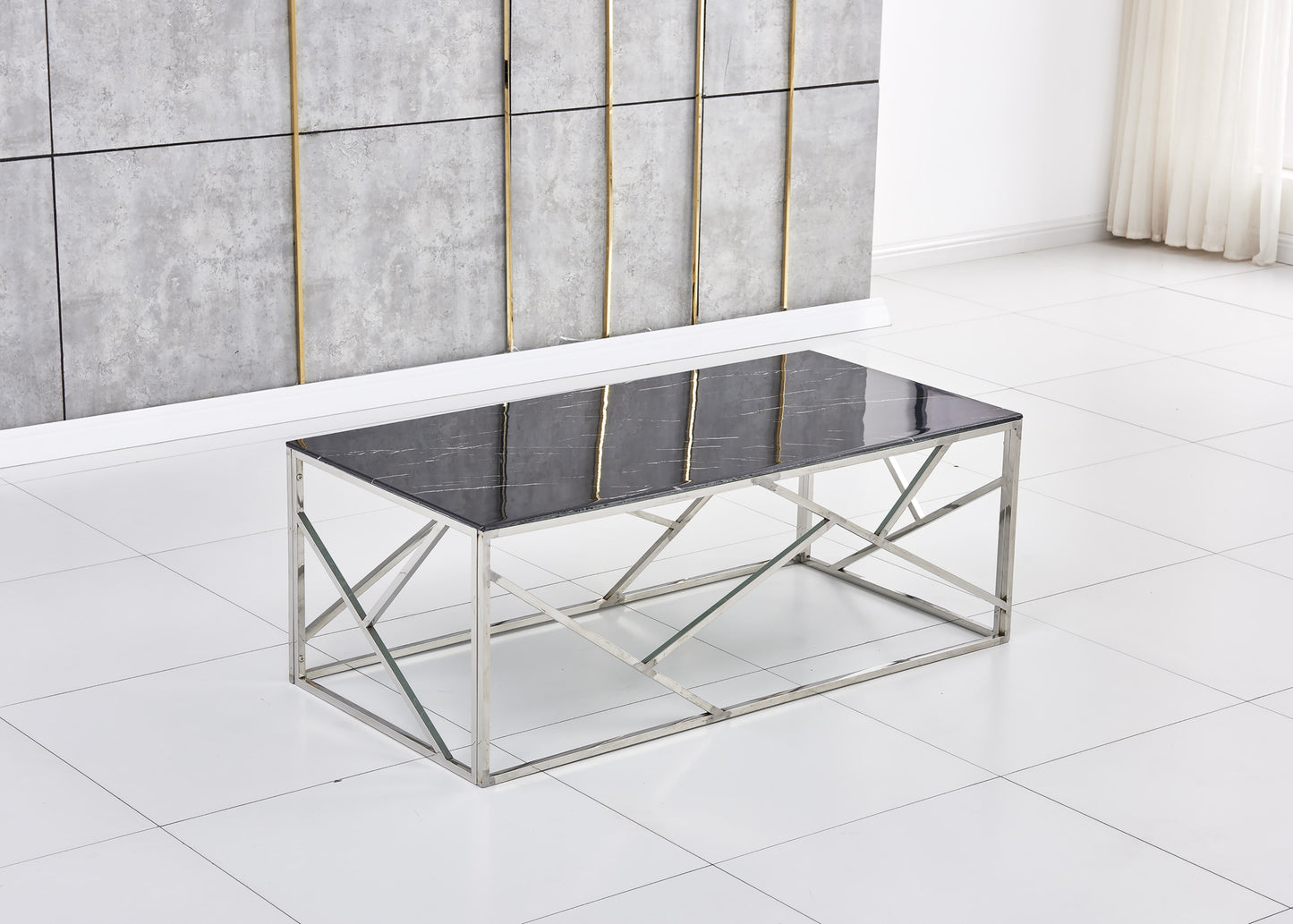 Table Basse Gigogne – Pieds Chrome & Plateau Marbre Noir 120x60x45 cm