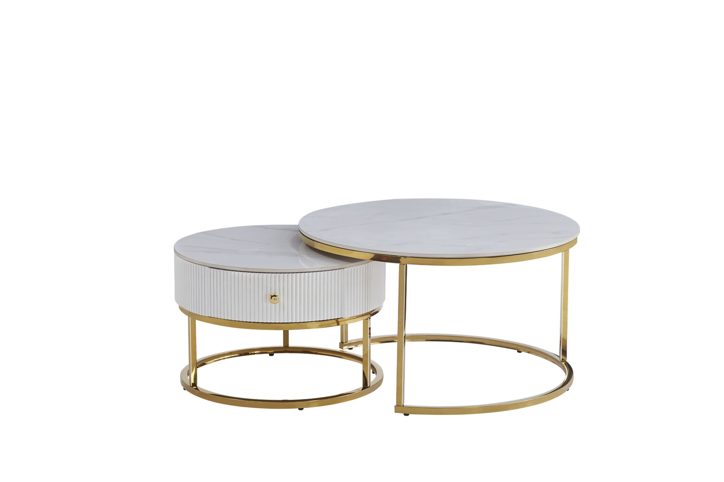 Table Basse Gigogne Samira – Tiroir Gold & Plateau Céramique Effet Marbre Blanc 80+60 cm