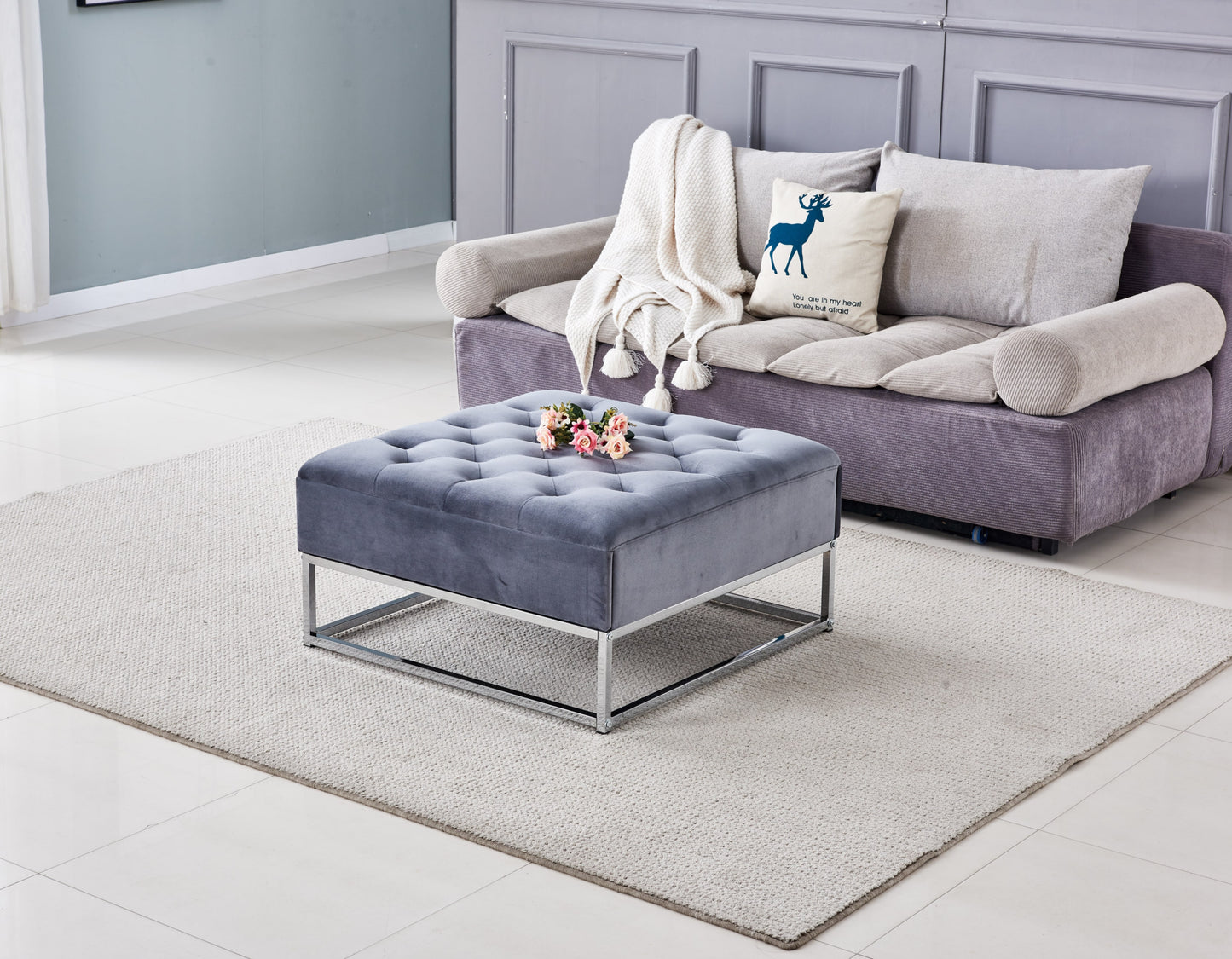 Table Basse à Tiroirs – Chrome & Gris 80x80x43 cm