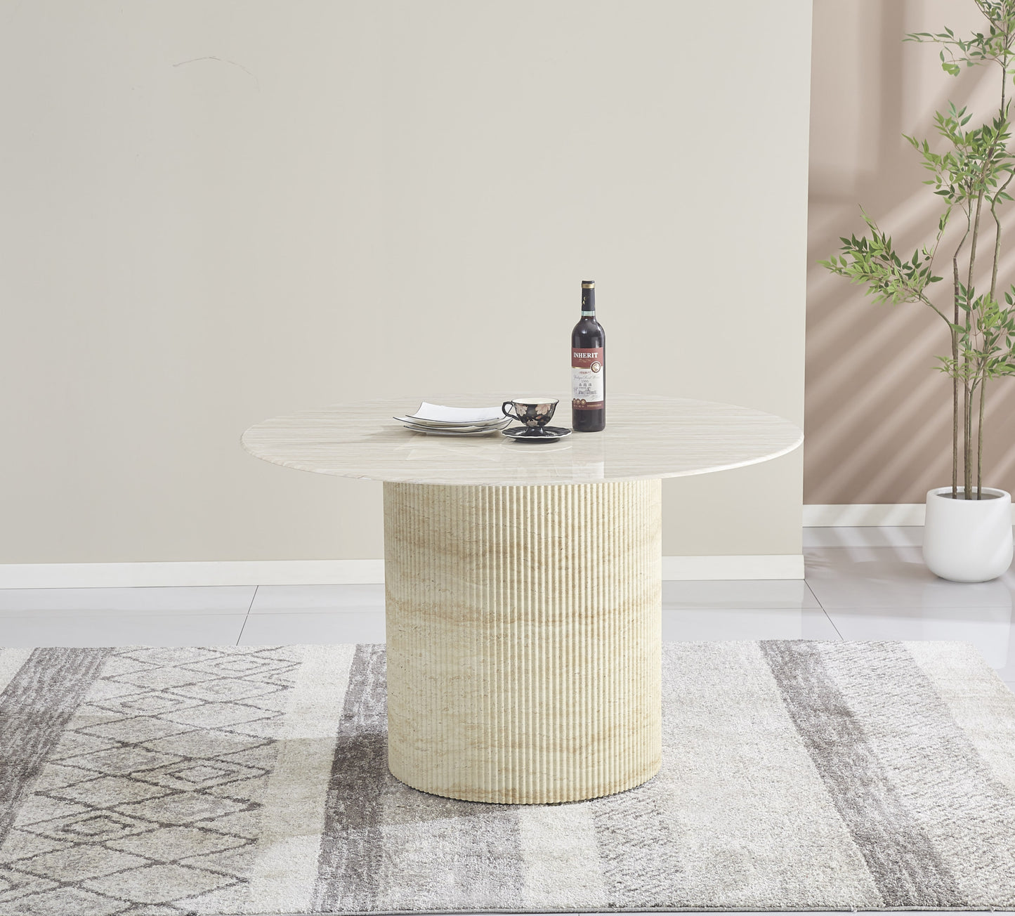 Table à manger ronde Baietaa 120 cm – Plateau céramique travertin brillant, pied effet travertin
