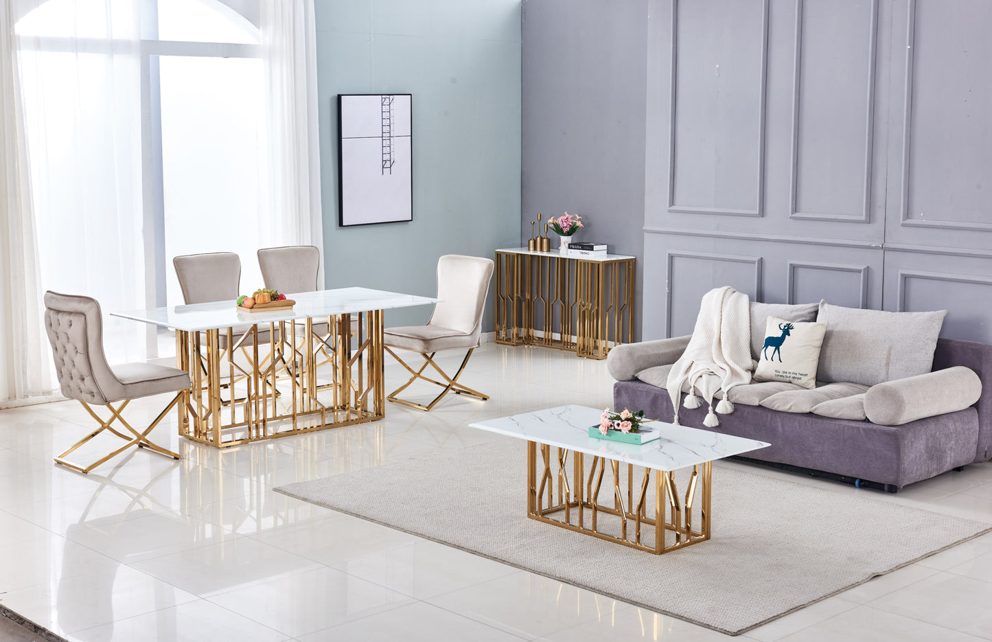 Console Portofino en Marbre Blanc avec Structure Dorée – 120x40x78 cm