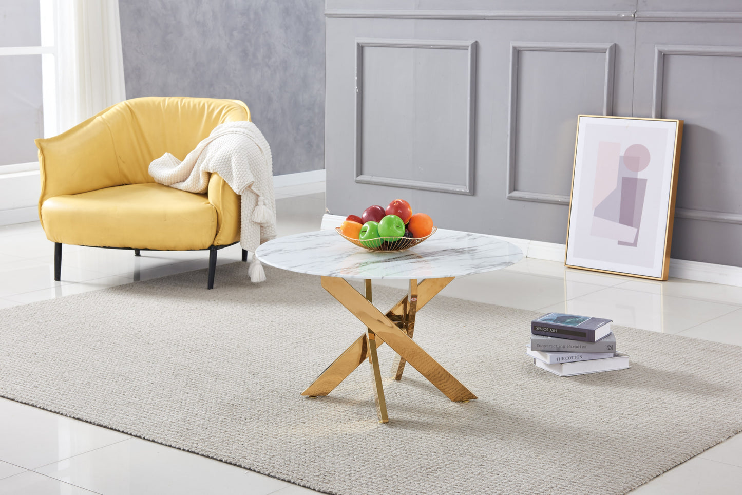 Table Basse Ronde Jessy – Métal Gold & Plateau Marbre Blanc 80x45 cm