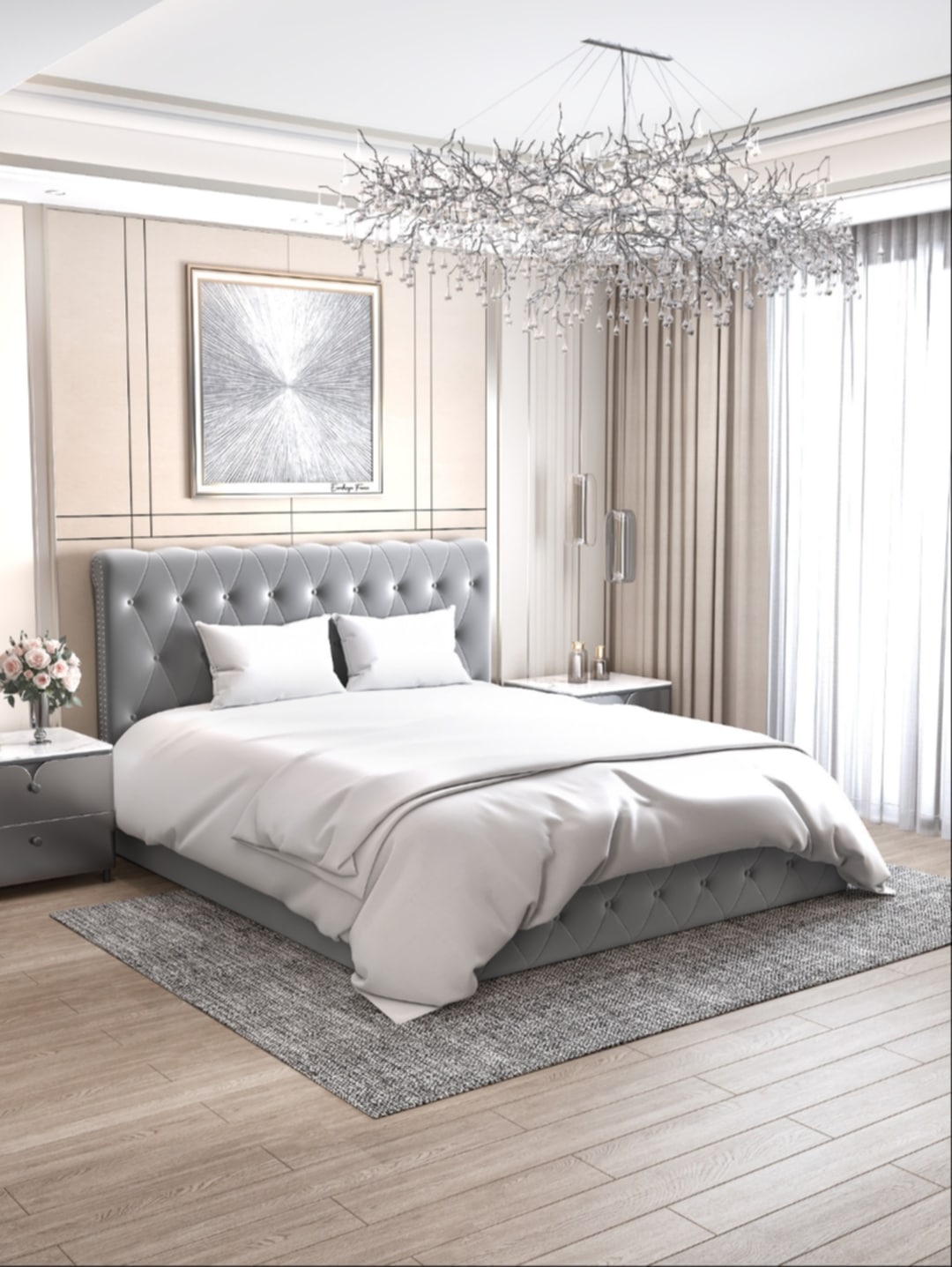 Lit Coffre Crosica en Velours Gris 140x190 cm