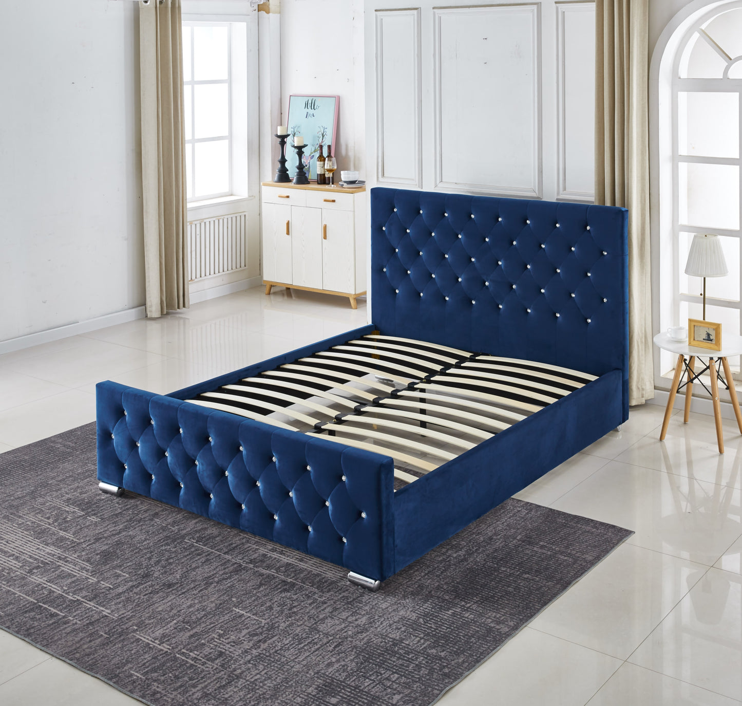 Lit Prestige Capitonné avec Diamants en Velours Bleu 160x200 cm