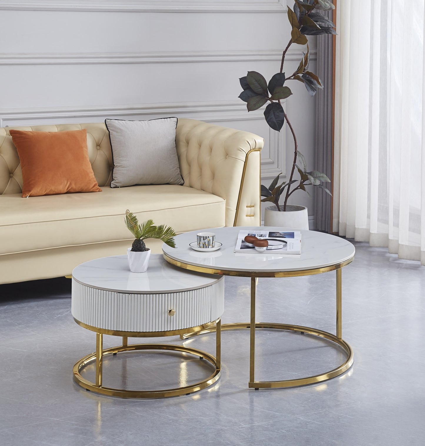 Table Basse Gigogne Samira – Tiroir Gold & Plateau Céramique Effet Marbre Blanc 80+60 cm