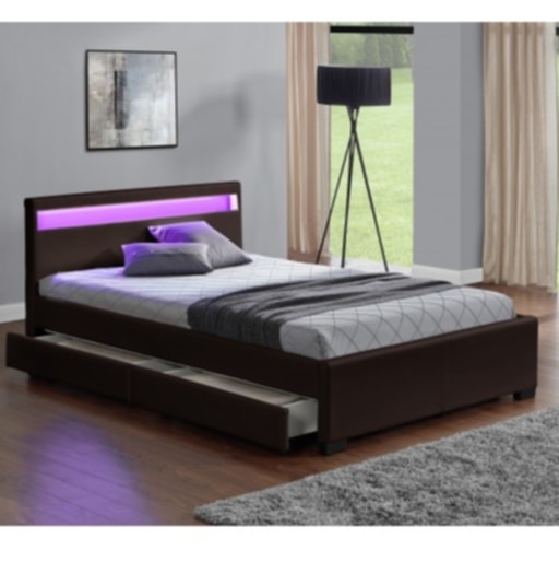 Lit LED en Similicuir Noir avec Tiroirs – 140x190 cm
