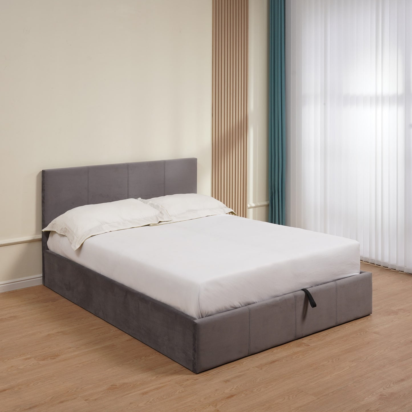 Lit coffre Bastien en velours gris 140x190 cm – Design pratique et élégant
