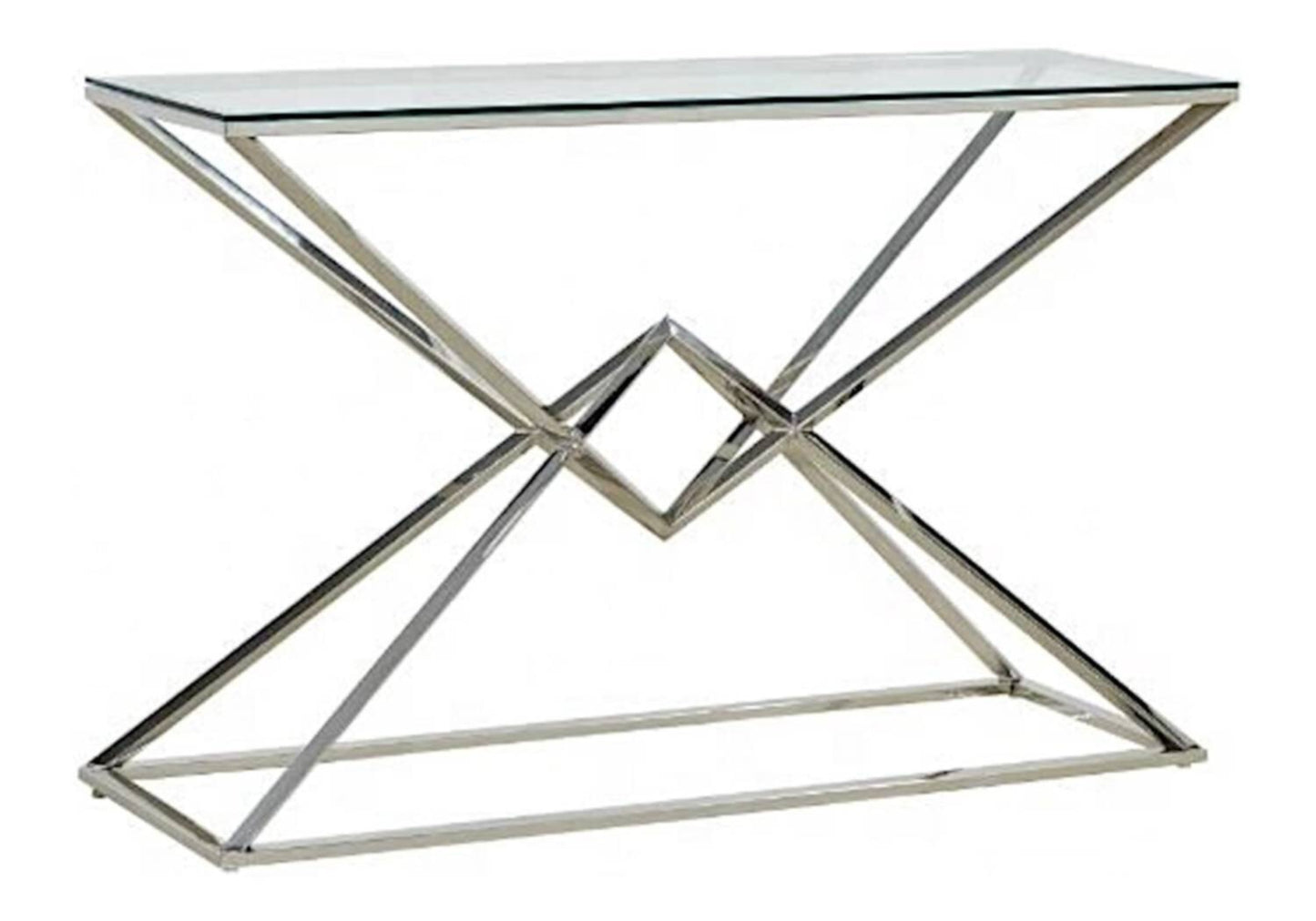 Console Pyramide en Chrome avec Plateau Verre Transparent – 120x40x78 cm