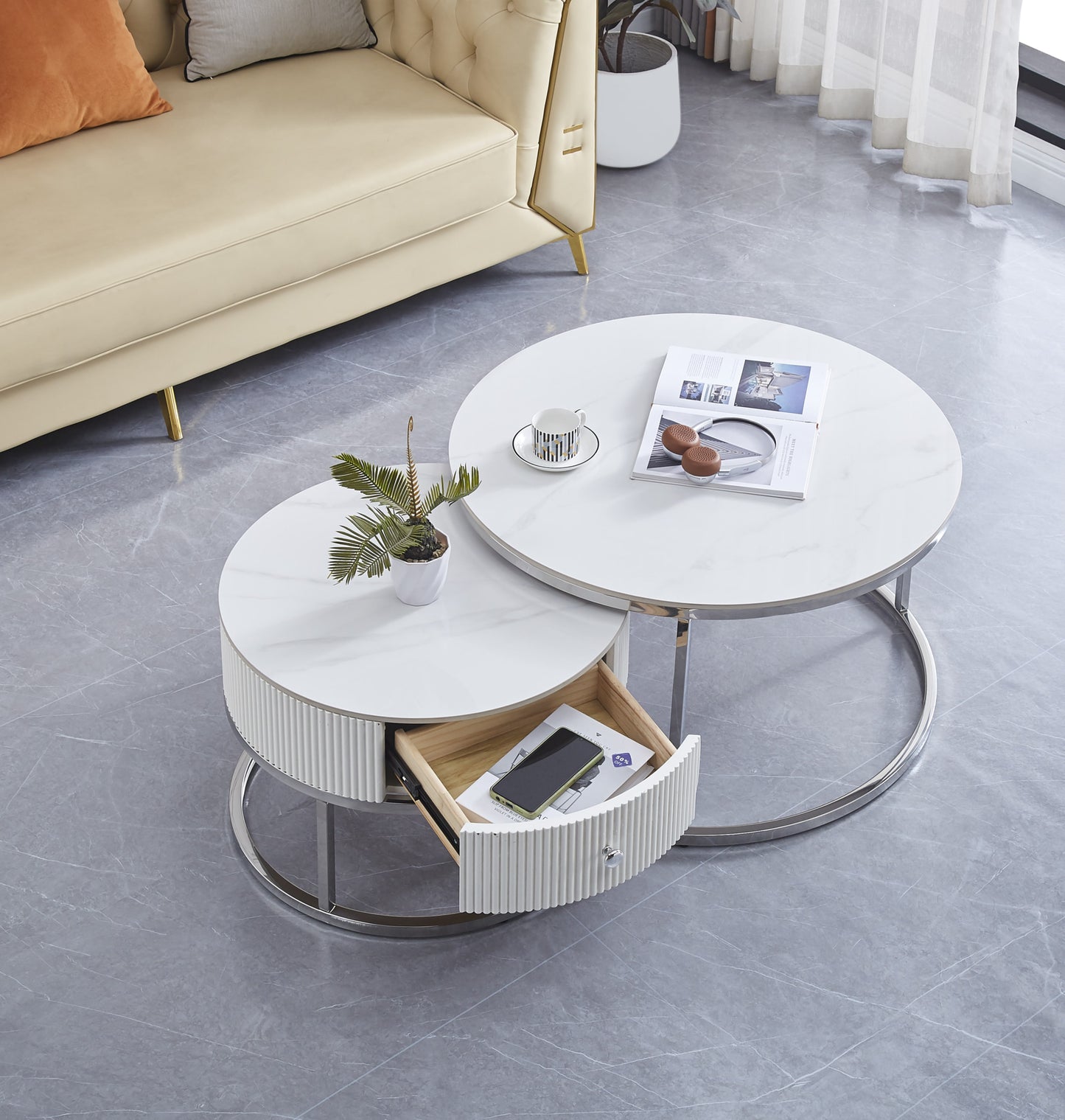 Table Basse Gigogne Samira – Tiroir Chrome & Plateau Céramique Effet Marbre Blanc 80+60 cm