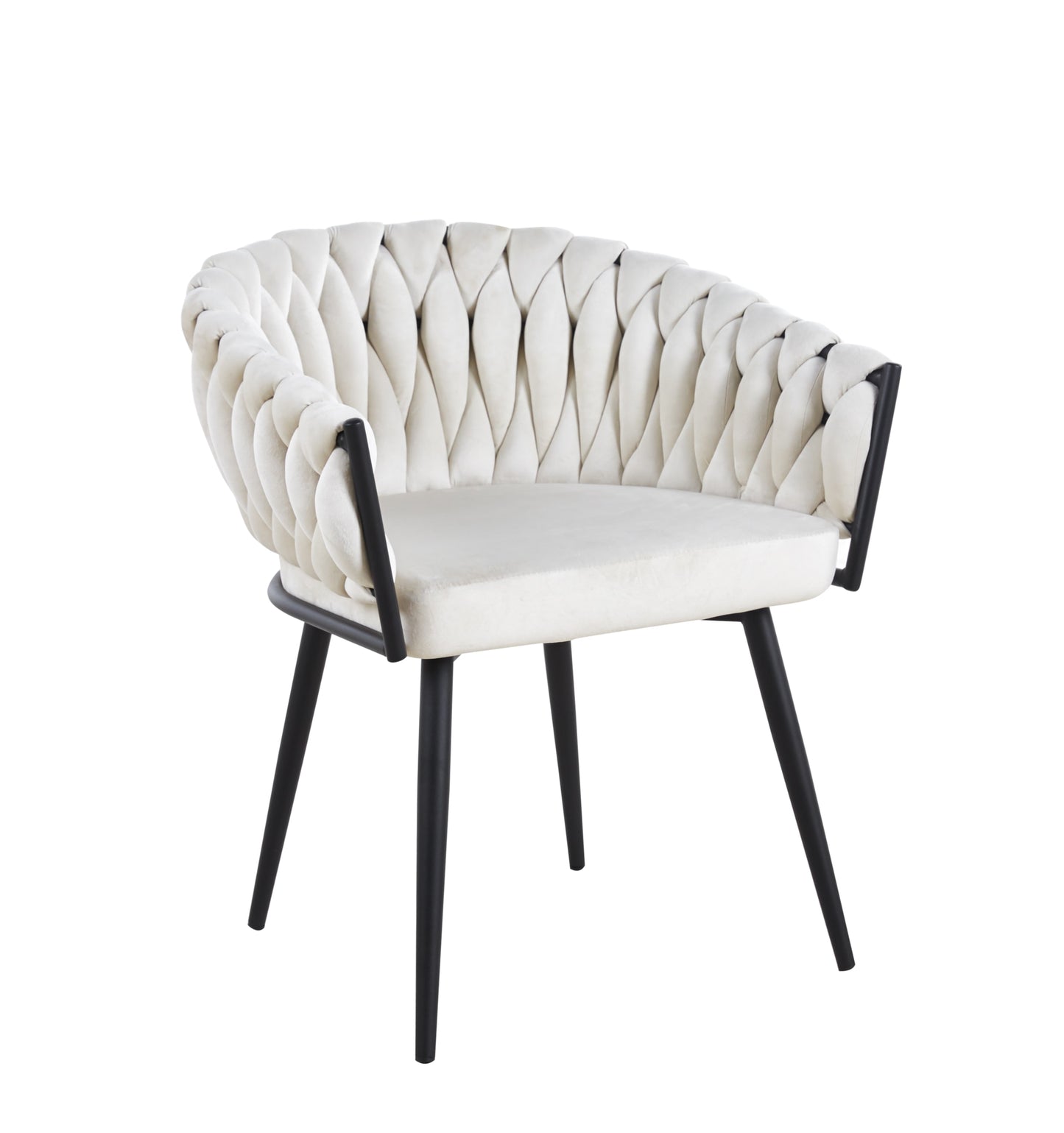 Chaise Tressée avec Accoudoirs en Velours et Pieds Métal Noir – Élégance et Confort