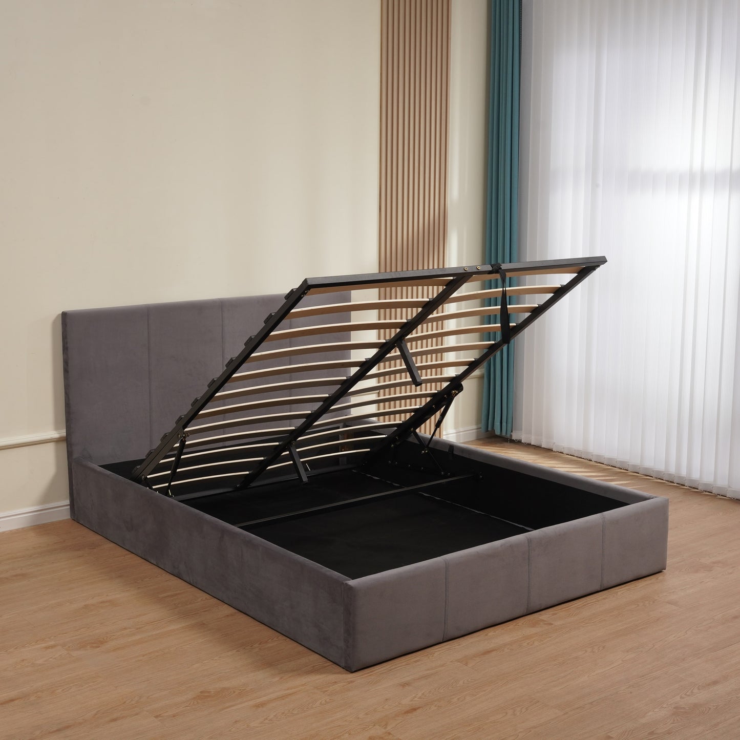 Lit coffre Bastien en velours gris 140x190 cm – Design pratique et élégant