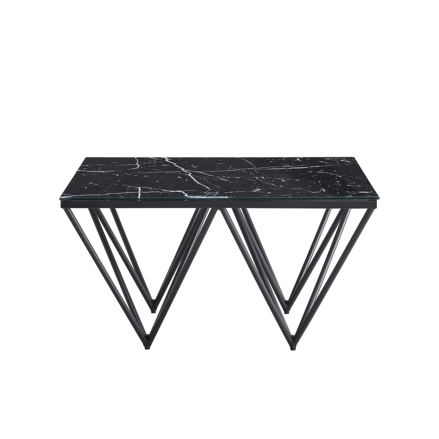 Table Basse Gizeh – Pieds Métal Noir & Plateau Verre Marbre Noir 80x80x45 cm