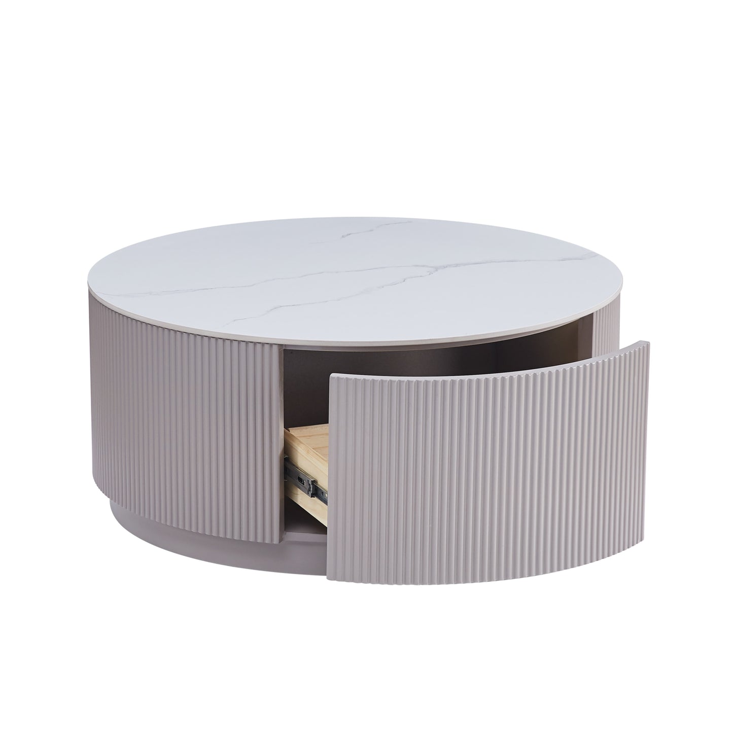 Table Basse Bari – Bois Frisé & Plateau Marbre Blanc avec Tiroir 80x45 cm