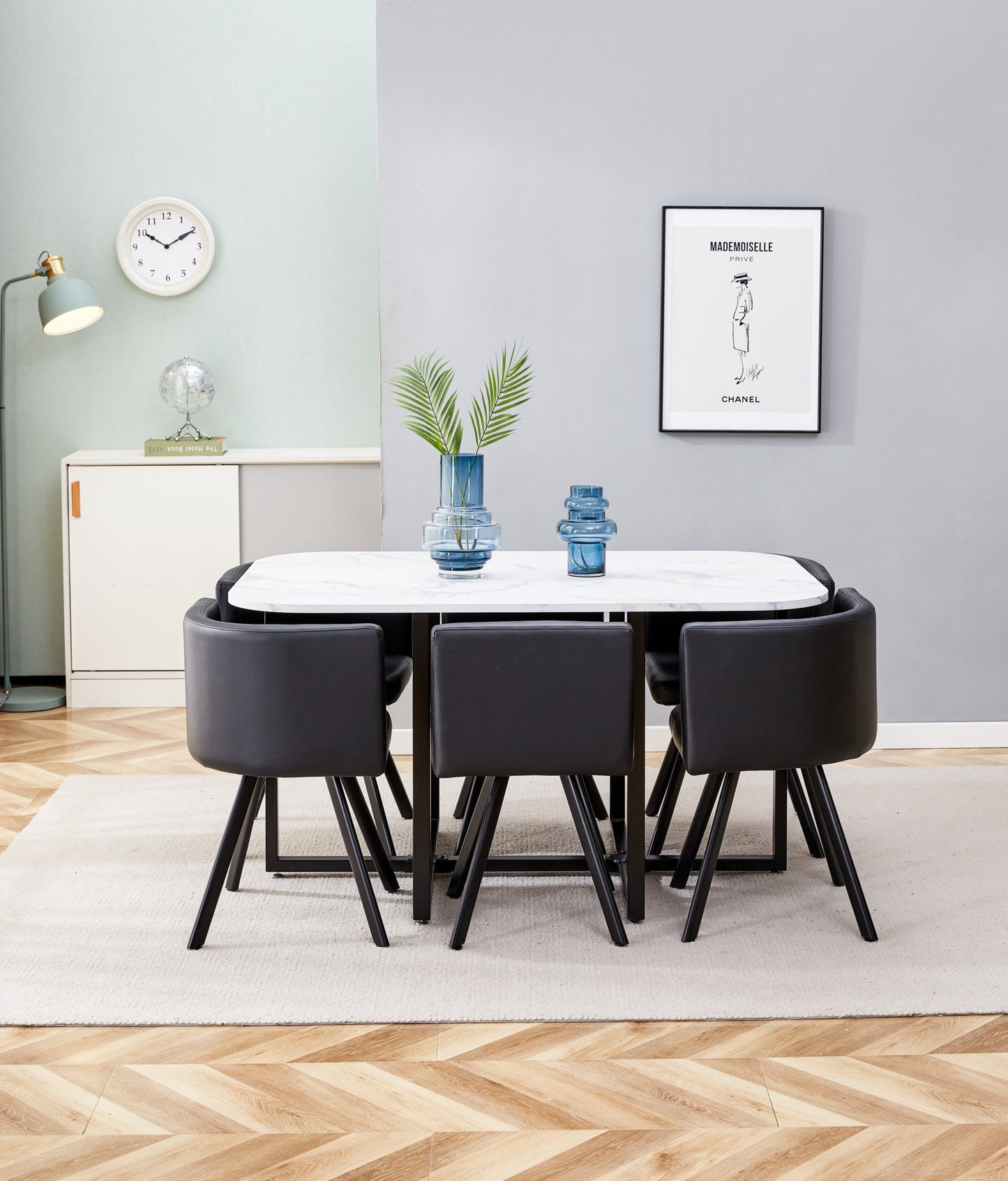 Table repas Vendôme en marbre avec 6 chaises – 140x90x75 cm