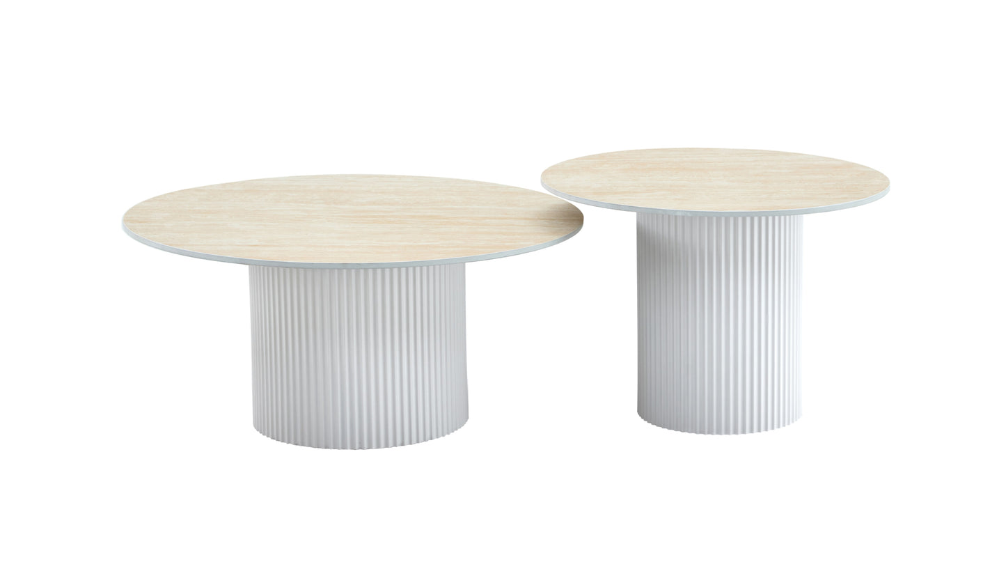 Tables Basses Gigognes Mina – Pied Blanc & Plateaux Céramique Effet Travertin Mat 60x45 cm + 80x38 cm