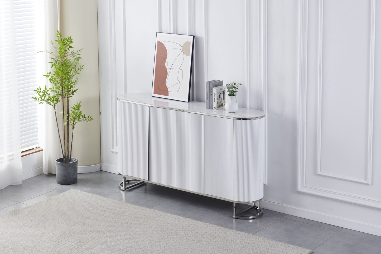 Buffet Esmée argent avec finition marbre blanc et gris – Chic et fonctionnel