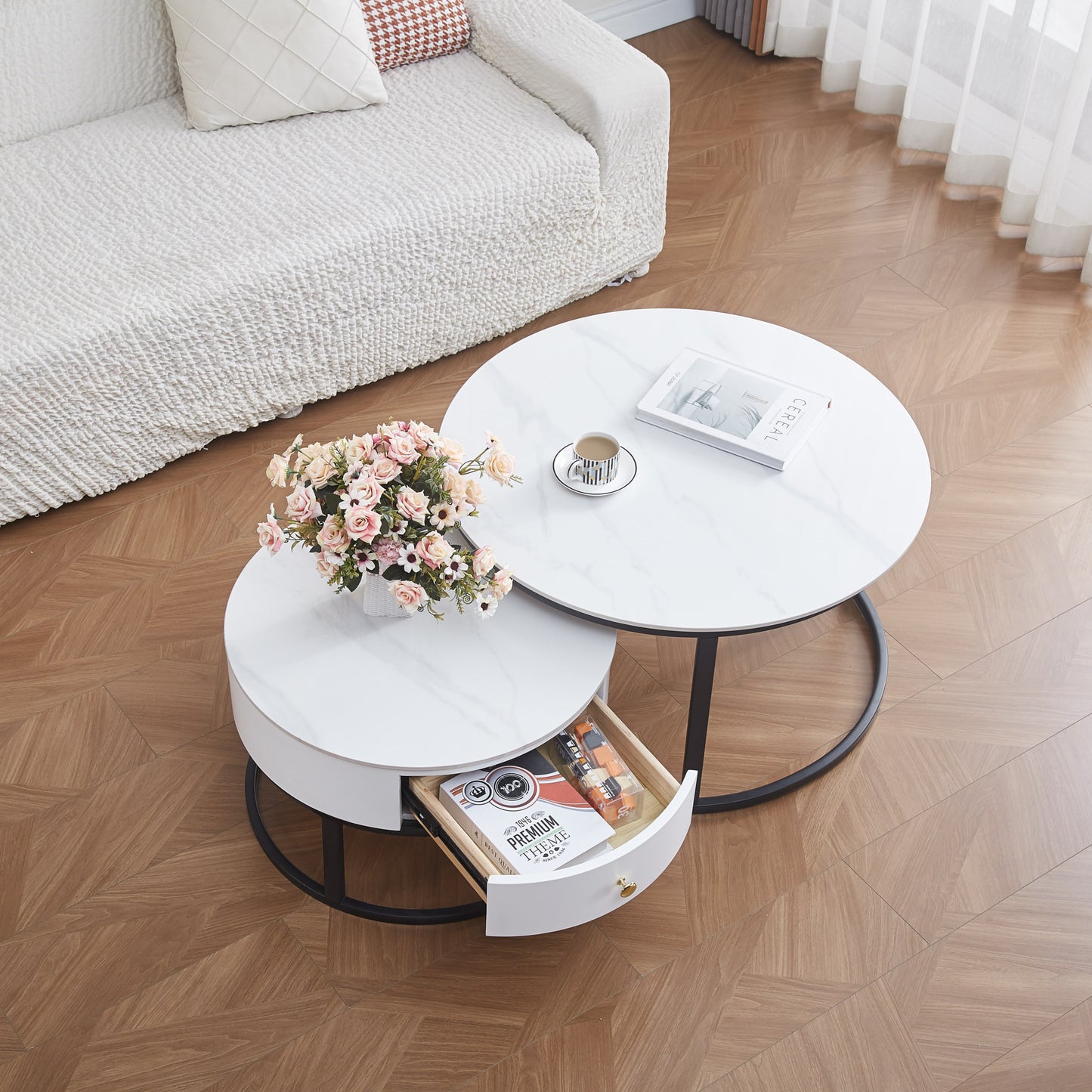 Table Basse Gigogne Novela – Pieds Métal Noir & Plateaux Céramique Effet Marbre Blanc 80+60 cm