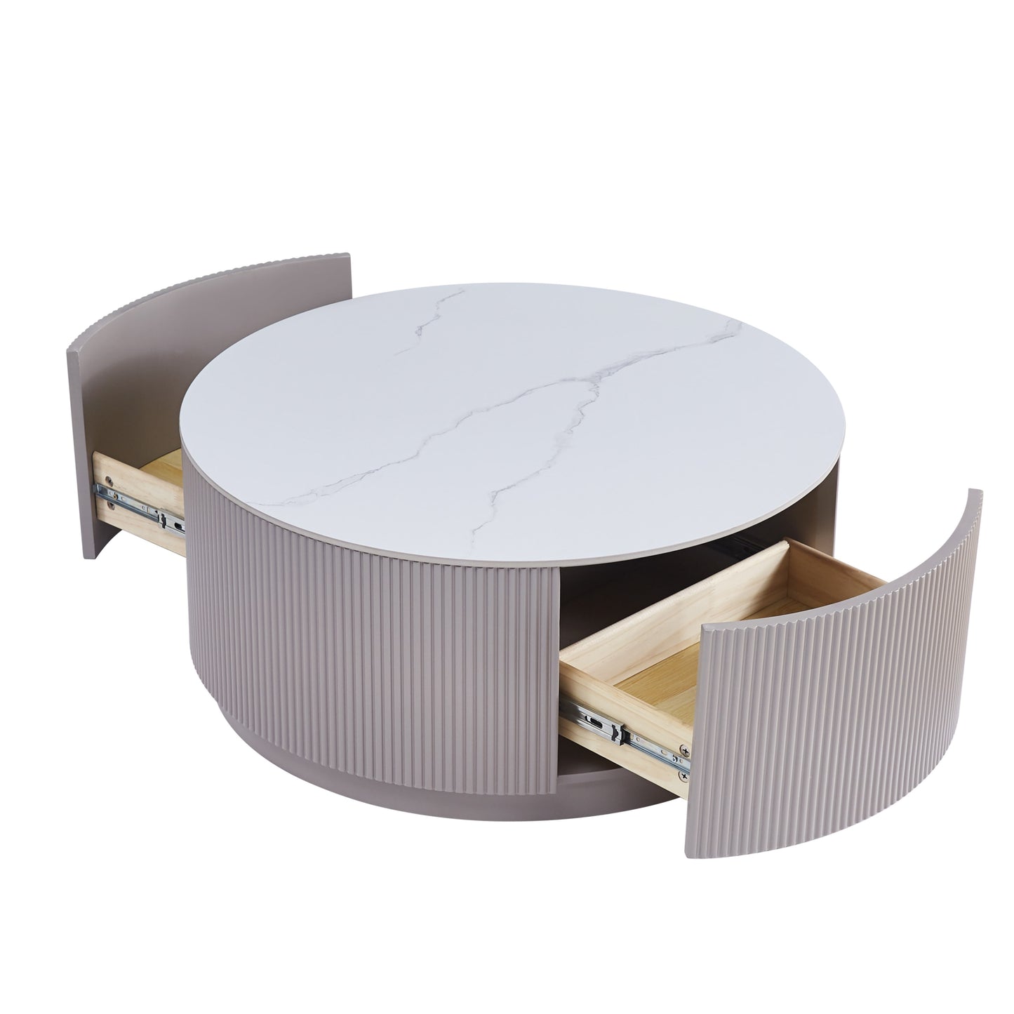 Table Basse Bari – Bois Frisé & Plateau Marbre Blanc avec Tiroir 80x45 cm