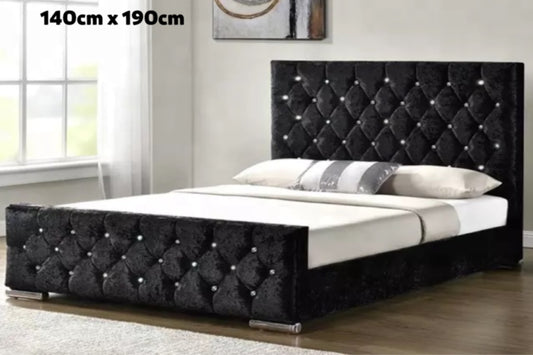 Lit Prestige Capitonné en Velours Noir avec Diamants – 140x190 cm