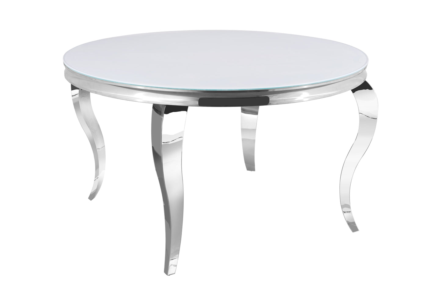 Table repas Baroque – Plateau Ultra blanc et pieds chrome 130x75 cm