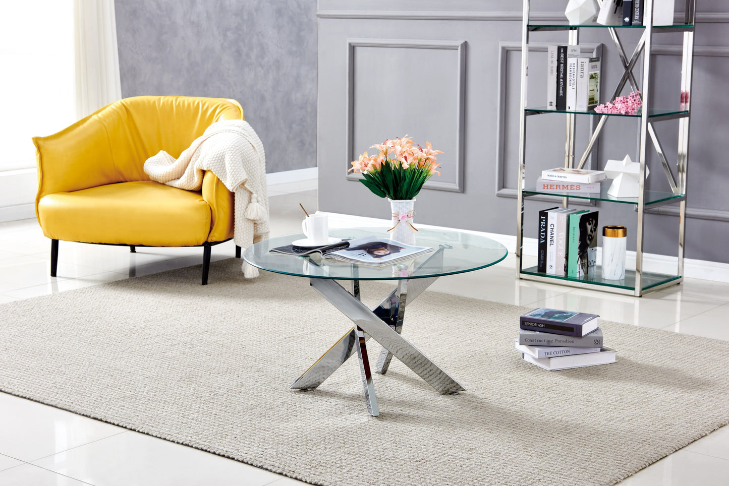 Table Basse Ronde Jessy – Pieds Chrome & Plateau Transparent 80x45 cm