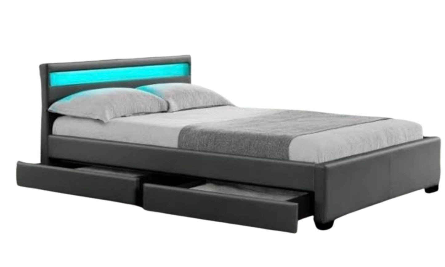 Lit LED en Similicuir Gris avec Tiroirs – 140x190 cm