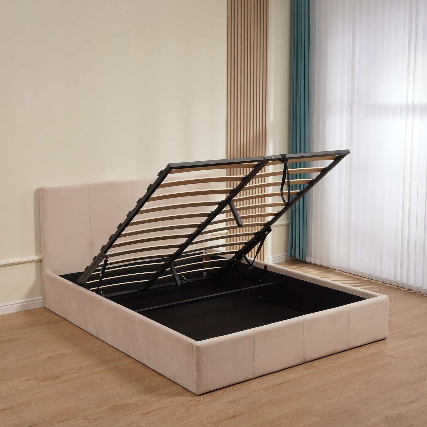 Lit coffre Bastien en velours gris 140x190 cm – Design pratique et élégant