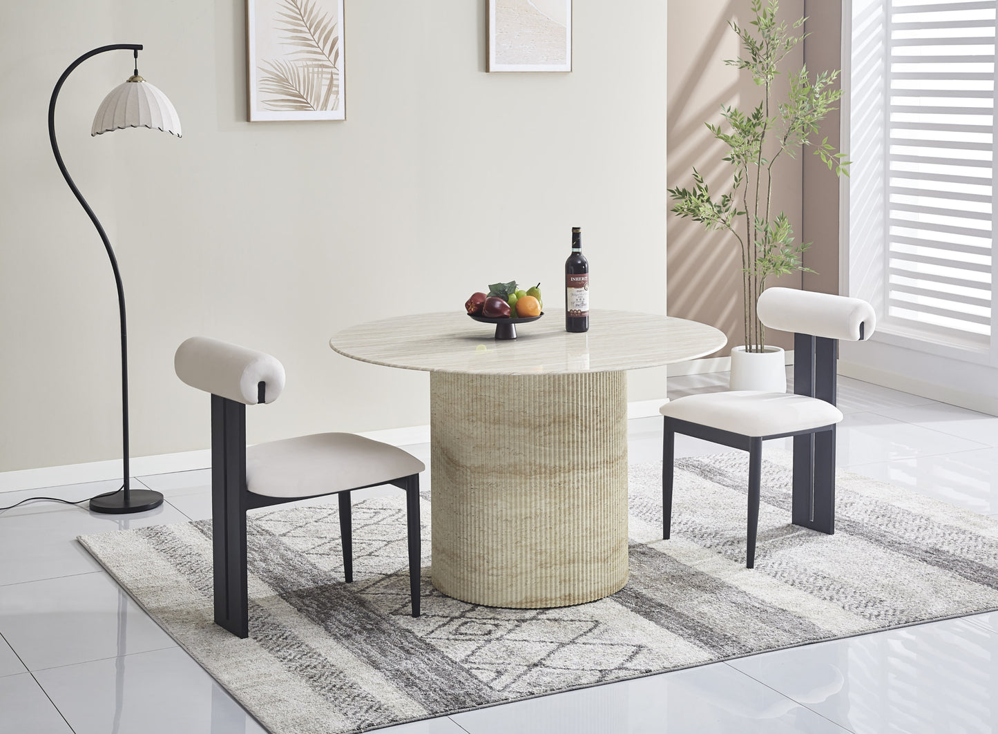 Table à manger ronde Baietaa 120 cm – Plateau céramique travertin brillant, pied effet travertin