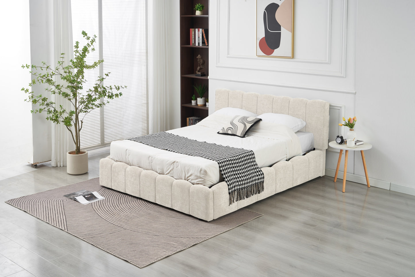 Lit Double Coffre Moon – Tissu Chenille Beige 140x190 cm