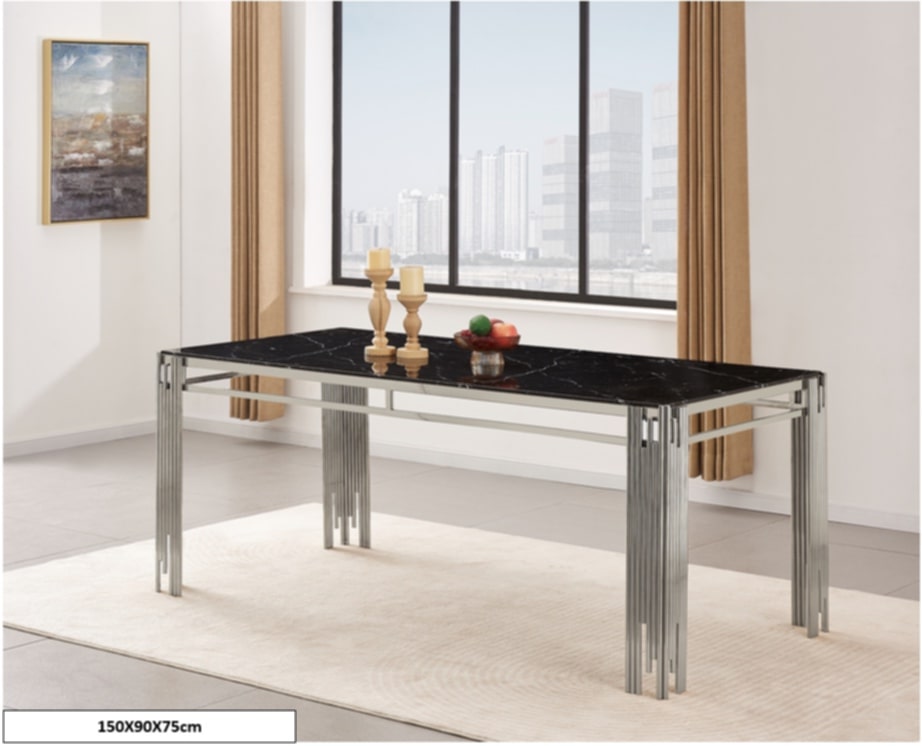 Table à manger Flûte en marbre noir avec pied chromé – 150x90x75 cm
