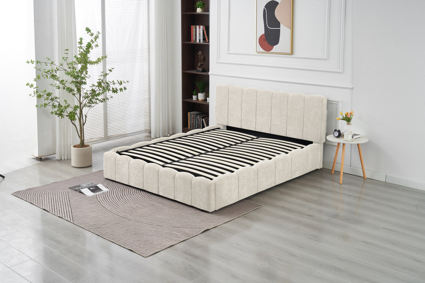 Lit Double Coffre Moon – Tissu Chenille Beige 140x190 cm