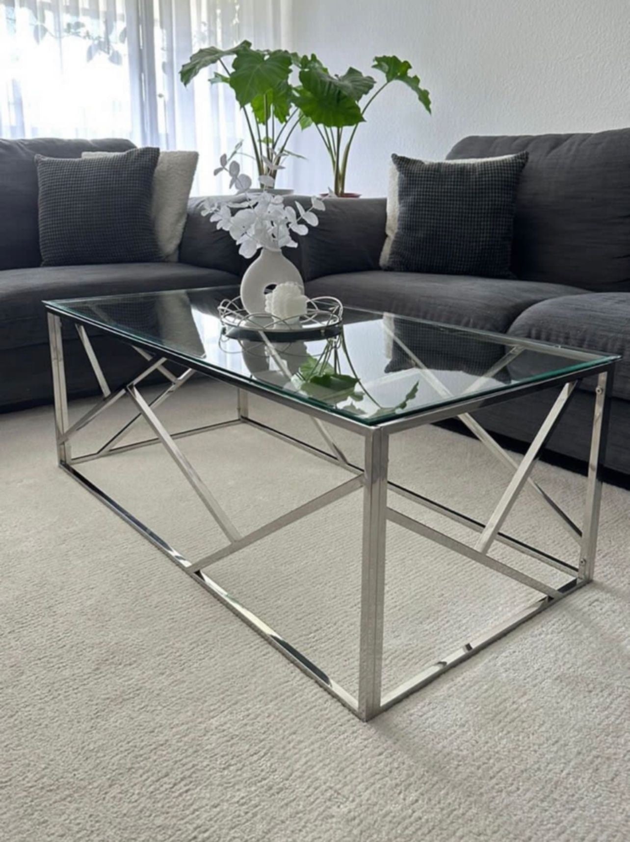 Table Basse Geomag – Pieds Inox & Plateau Transparent 120x60x45 cm