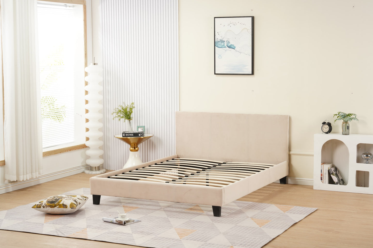 Lit Melbourne en velours beige 140x190 cm – Élégance et confort contemporain