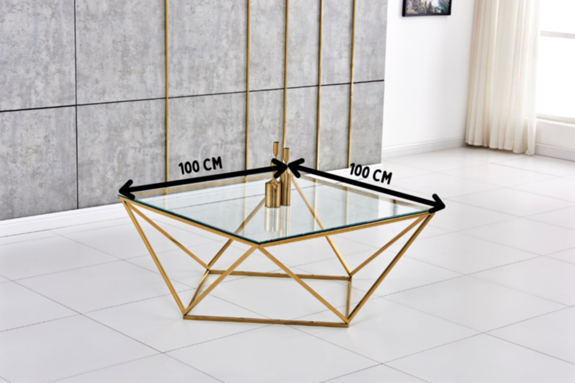 Table Basse Alina – Pieds Gold & Plateau Transparent 100x100x45 cm